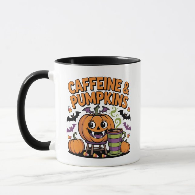 Caffeine & Pumpkins – Halloween Design Mug (Left)