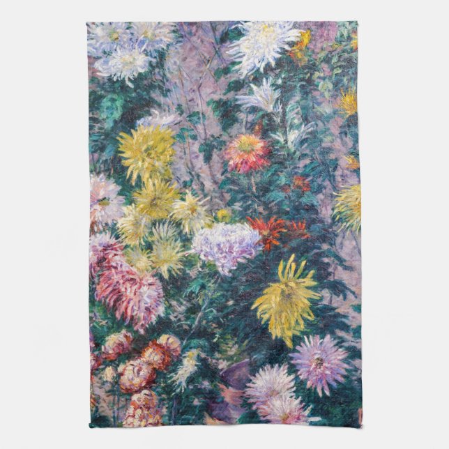Caillebotte - White and Yellow Chrysanthemums Tea Towel (Vertical)