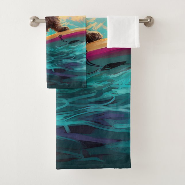 Cairn Terrier Beach Surfing Painting Bath Towel Set (Insitu)