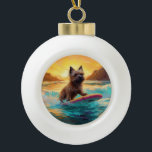 Cairn Terrier Beach Surfing Painting Ceramic Ball Christmas Ornament<br><div class="desc">Immerse yourself in the playful world of canine adventure with this captivating painting. A spirited dog takes to the waves, skilfully riding the surf on a sun-kissed beach. The vibrant artwork beautifully captures the essence of beachside excitement as the dog fearlessly rides the waves, embodying the spirit of fun and...</div>