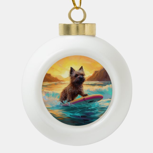 Cairn Terrier Beach Surfing Painting Ceramic Ball Christmas Ornament (Front)