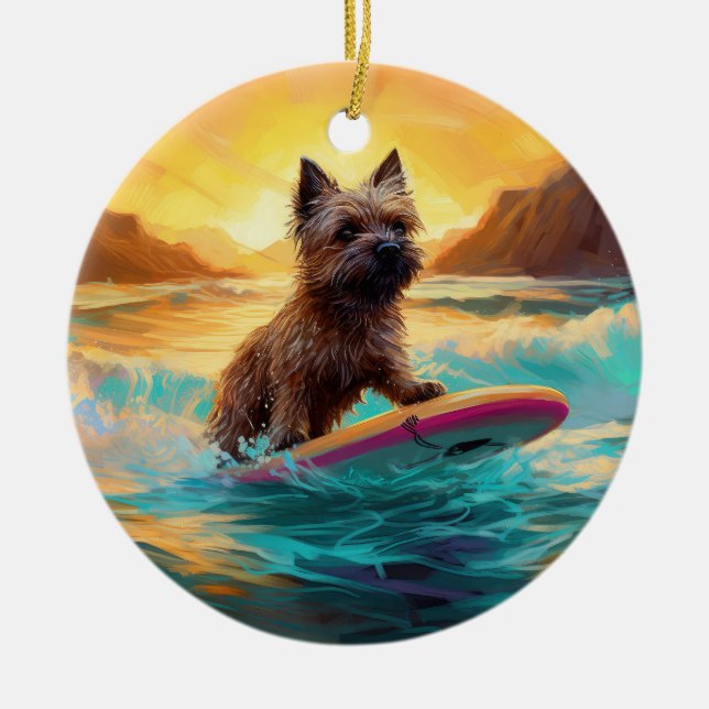Cairn Terrier Beach Surfing Painting Ceramic Tree Decoration (Front)