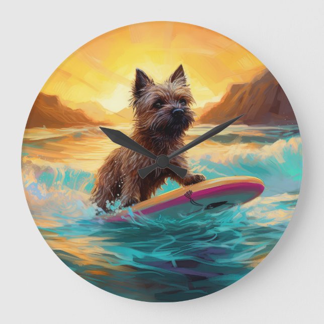 Cairn Terrier Beach Surfing Painting Large Clock (Front)