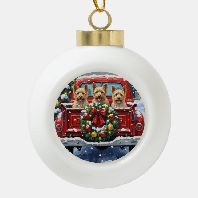 Cairn Terrier Christmas Red Truck Holiday Ceramic Ball Christmas Ornament (Front)