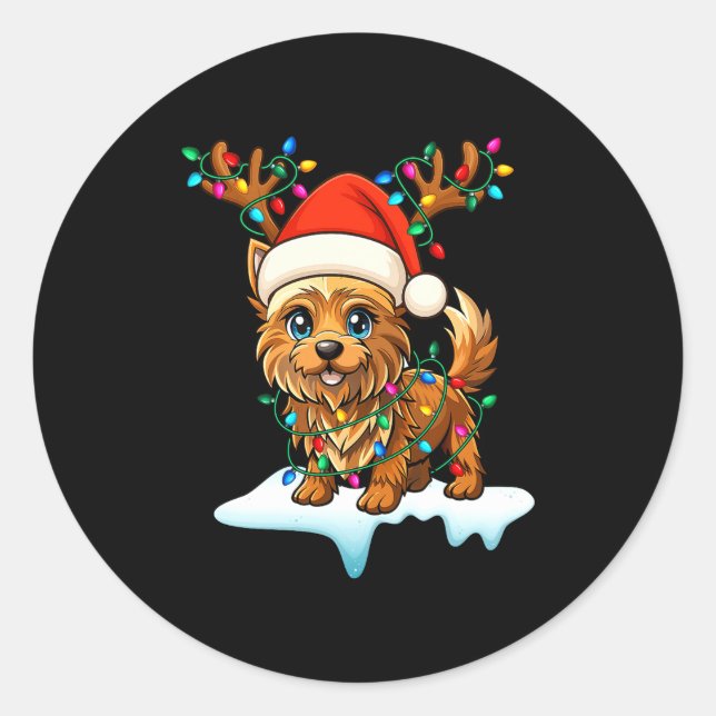 Cairn Terrier Christmas Santa Hat Reindeer Lights  Classic Round Sticker (Front)