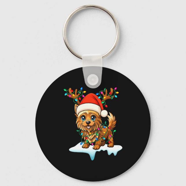 Cairn Terrier Christmas Santa Hat Reindeer Lights  Key Ring (Front)
