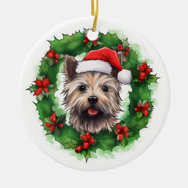 Cairn Terrier Christmas Wreath Ceramic Tree Decoration (Front)