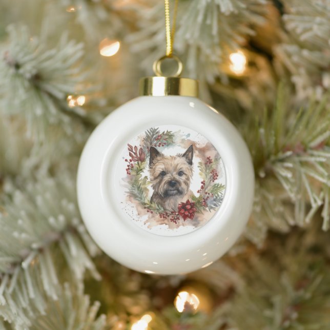 Cairn Terrier Christmas Wreath Festive Pup Ceramic Ball Christmas Ornament (Tree)