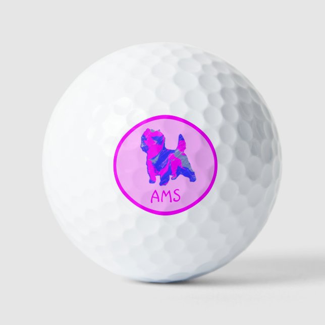 Cairn Terrier Cute Pink Dog Silhouette Monogram Golf Balls (Front)