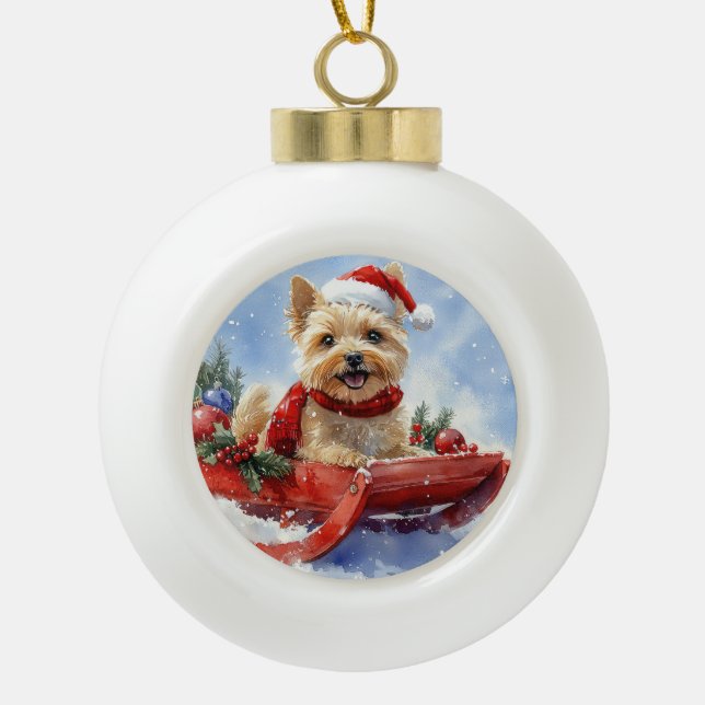 Cairn Terrier Dog in Sledge Let it Snow Christmas Ceramic Ball Christmas Ornament (Front)