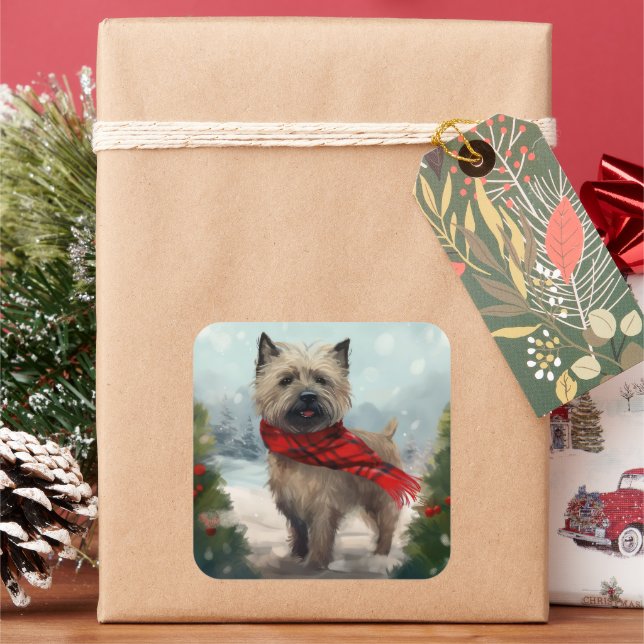 Cairn Terrier Dog in Snow Christmas Square Sticker (Holiday)