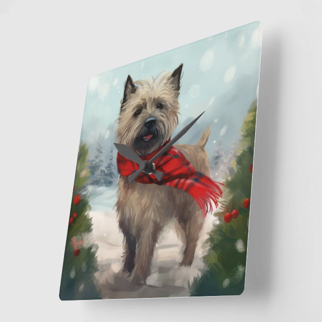 Cairn Terrier Dog in Snow Christmas Square Wall Clock (Angle)