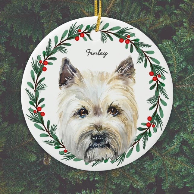 Cairn Terrier Dog Monogram Name Holiday Wreath Ceramic Tree Decoration (Add name, or other short text, or delete text if not required.)