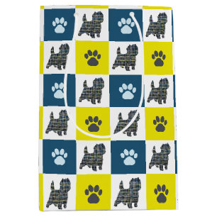 Cairn Terrier Dog & Paw Yellow & Blue Grid Medium Gift Bag