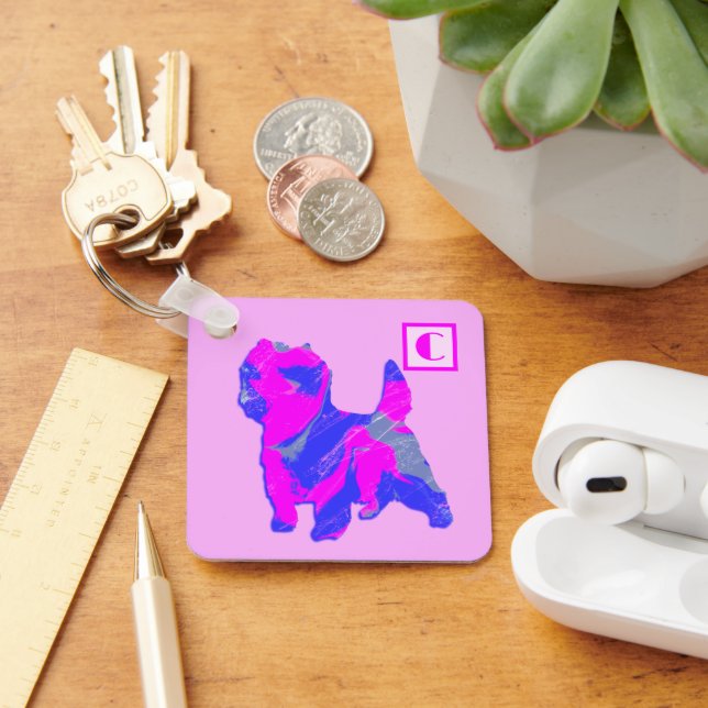 Cairn Terrier Dog Pink & Blue Silhouette Monogram Key Ring (Desk)