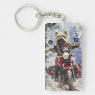 Cairn Terrier Dog Riding Motorcycle Christmas Key Ring