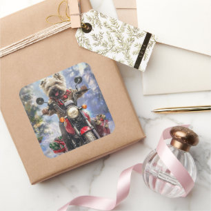 Cairn Terrier Dog Riding Motorcycle Christmas Square Sticker