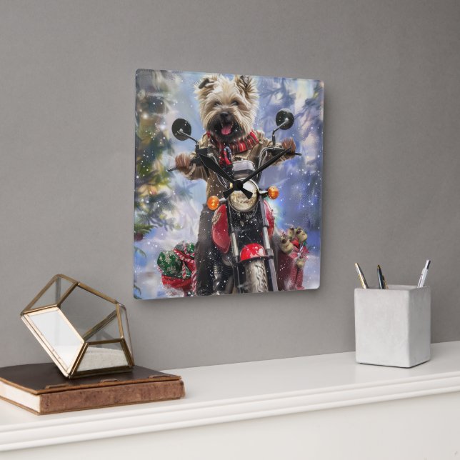 Cairn Terrier Dog Riding Motorcycle Christmas Square Wall Clock (Office)