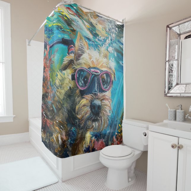 Cairn Terrier Dog Scuba Diving Underwater Shower Curtain (In Situ)