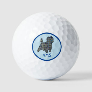 Cairn Terrier Dog Silhouette Monogram Grid Blue Golf Balls