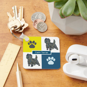 Cairn Terrier Dog Silhouette & Paw Print Y&B Grid Key Ring