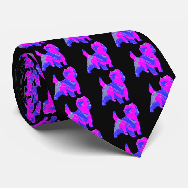 Cairn Terrier Dog Silhouette Pink & Blue Black Tie (Rolled)