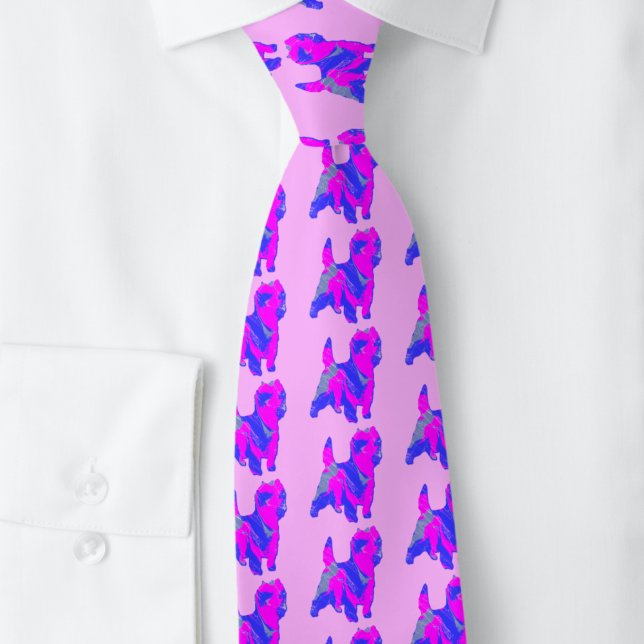 Cairn Terrier Dog Silhouette Pink &Blue Light Pink Tie (Cairn Terrier pink and blue pattern silhouette pink background tie)