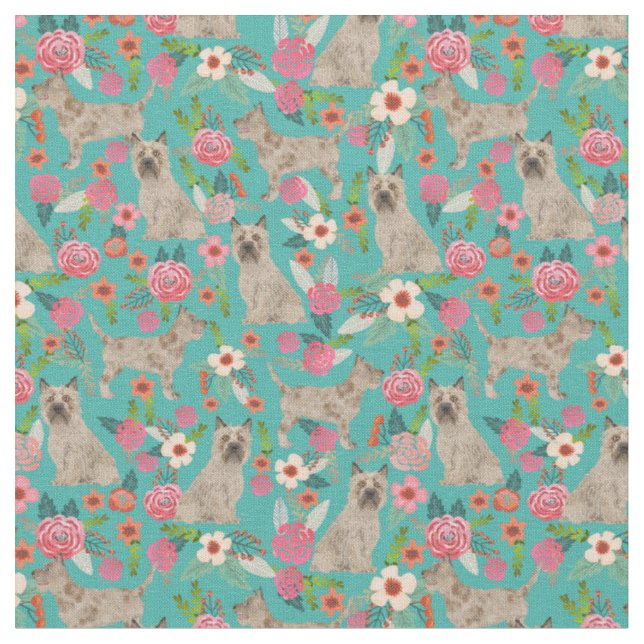 cairn terrier dog vintage florals turquoise fabric (Close Up)