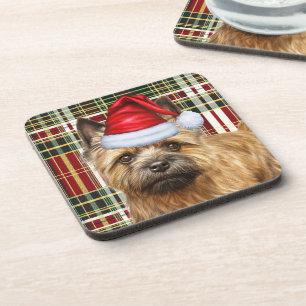 Cairn Terrier Dog with Red Holiday Plaid Christmas Coaster