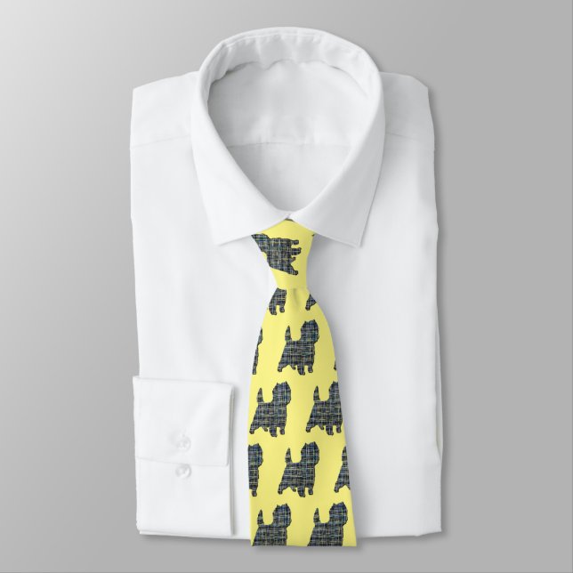 Cairn Terrier Dog Yellow & Blue Gridlines Yellow Tie (Tied)