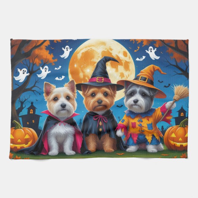 Cairn Terrier Dogs Pumpkin Halloween Funny Tea Towel (Horizontal)