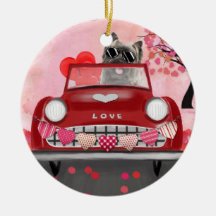Cairn Terrier Driving Car with Hearts Valentine's Ceramic Tree Decoration