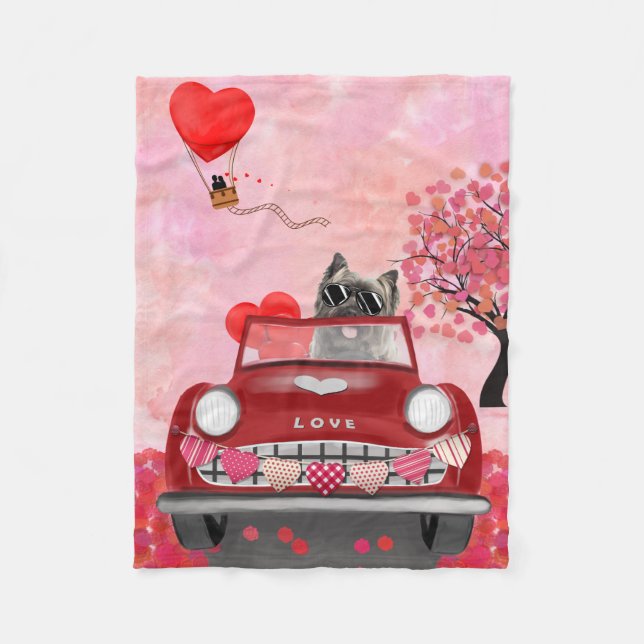 Cairn Terrier Driving Car with Hearts Valentine's  Fleece Blanket (Front)