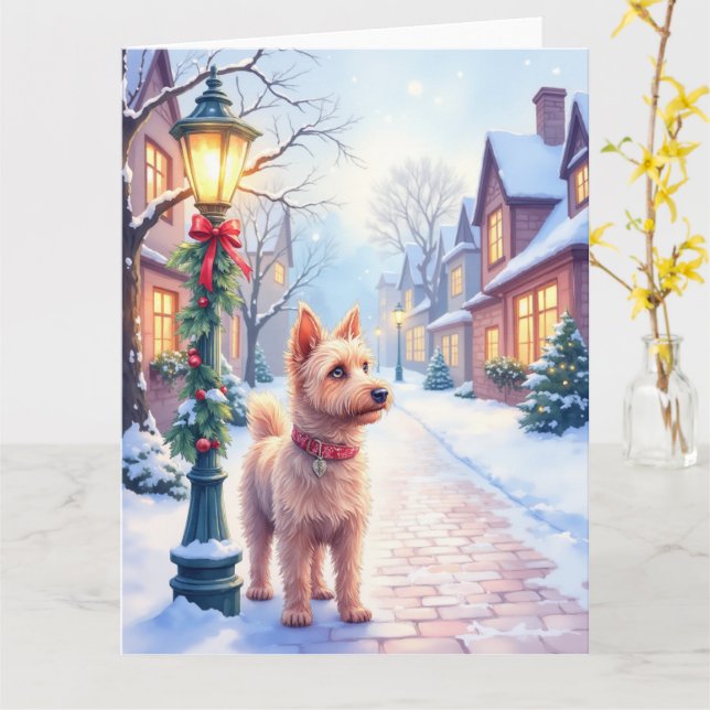 Cairn Terrier Festive Lamppost Village Christmas Card (Yellow Flower)