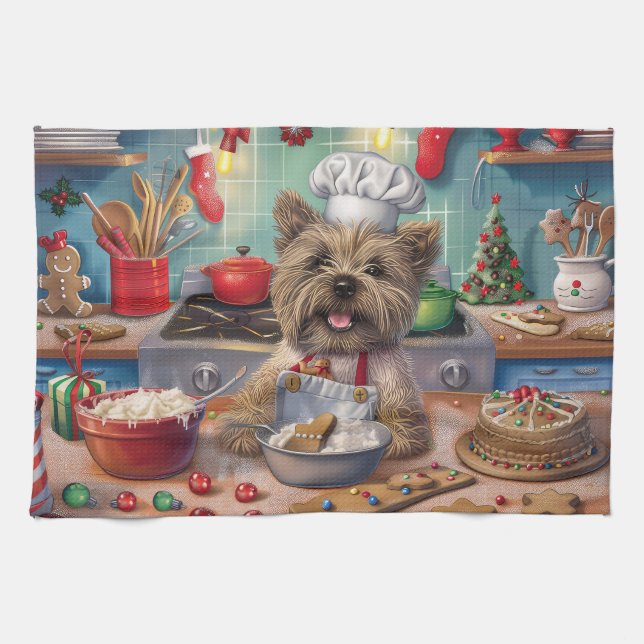 Cairn Terrier Holiday Baking: Festive Christmas  Tea Towel (Horizontal)