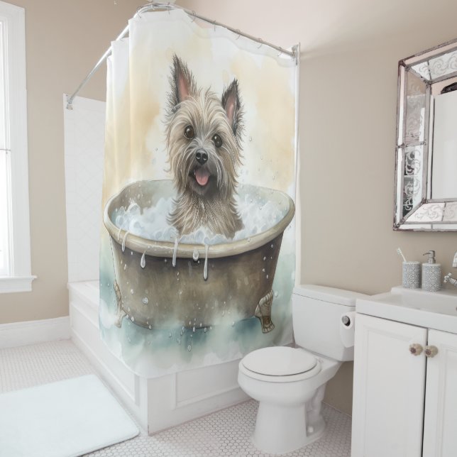 Cairn Terrier In Bathtub Watercolor Dog Art Shower Curtain (In Situ)