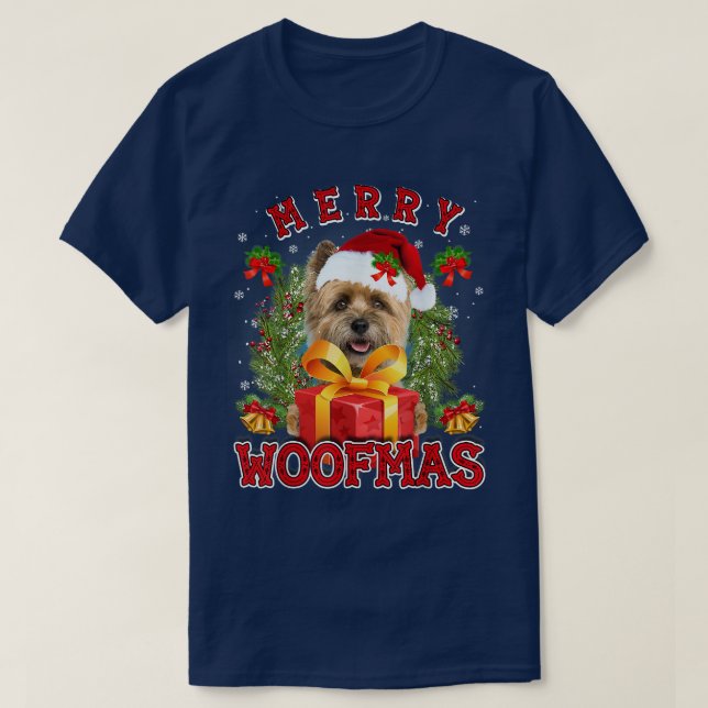 Cairn Terrier Merry Xmas Woofmas Xmas Lights Santa T-Shirt (Design Front)