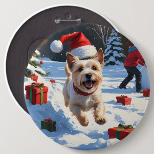 Cairn Terrier Running in Snow with Christmas Hat 6 Cm Round Badge