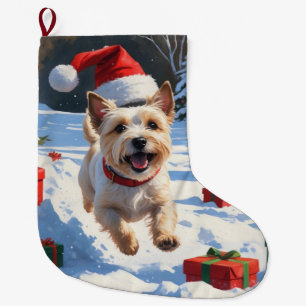 Cairn Terrier Running in Snow with Christmas Hat Large Christmas Stocking