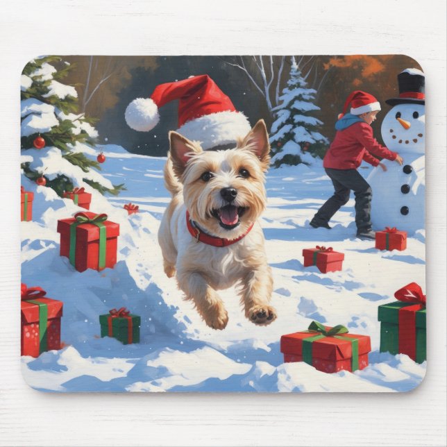 Cairn Terrier Running in Snow with Christmas Hat Mouse Pad (Front)