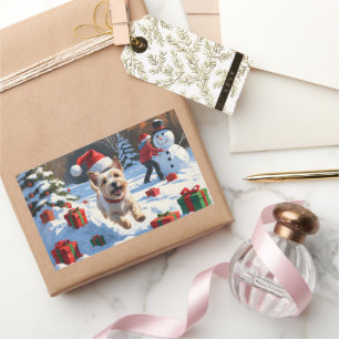 Cairn Terrier Running in Snow with Christmas Hat Rectangular Sticker