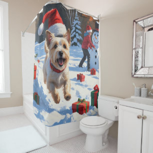 Cairn Terrier Running in Snow with Christmas Hat Shower Curtain