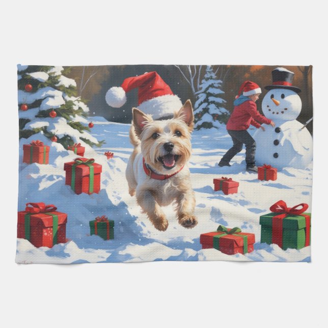 Cairn Terrier Running in Snow with Christmas Hat Tea Towel (Horizontal)