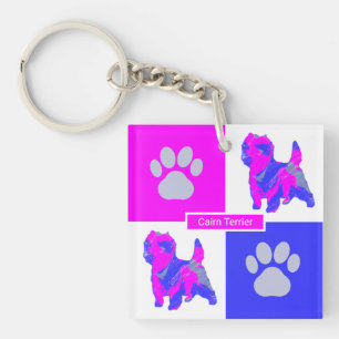 Cairn Terrier Silhouette Dog & Paw Pink and Blue Key Ring