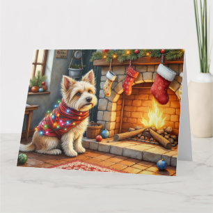 Cairn Terrier Sitting Fireplace Christmas Lights Card