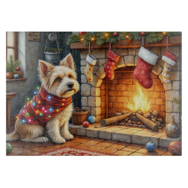 Cairn Terrier Sitting Fireplace Christmas Lights Cutting Board (Front)