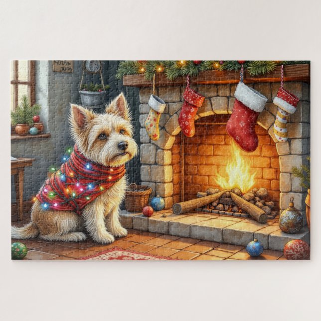 Cairn Terrier Sitting Fireplace Christmas Lights Jigsaw Puzzle (Horizontal)