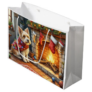 Cairn Terrier Sitting Fireplace Christmas Lights Large Gift Bag