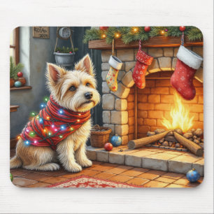 Cairn Terrier Sitting Fireplace Christmas Lights Mouse Pad