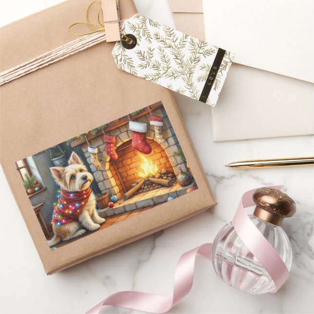 Cairn Terrier Sitting Fireplace Christmas Lights Rectangular Sticker (Gifting)